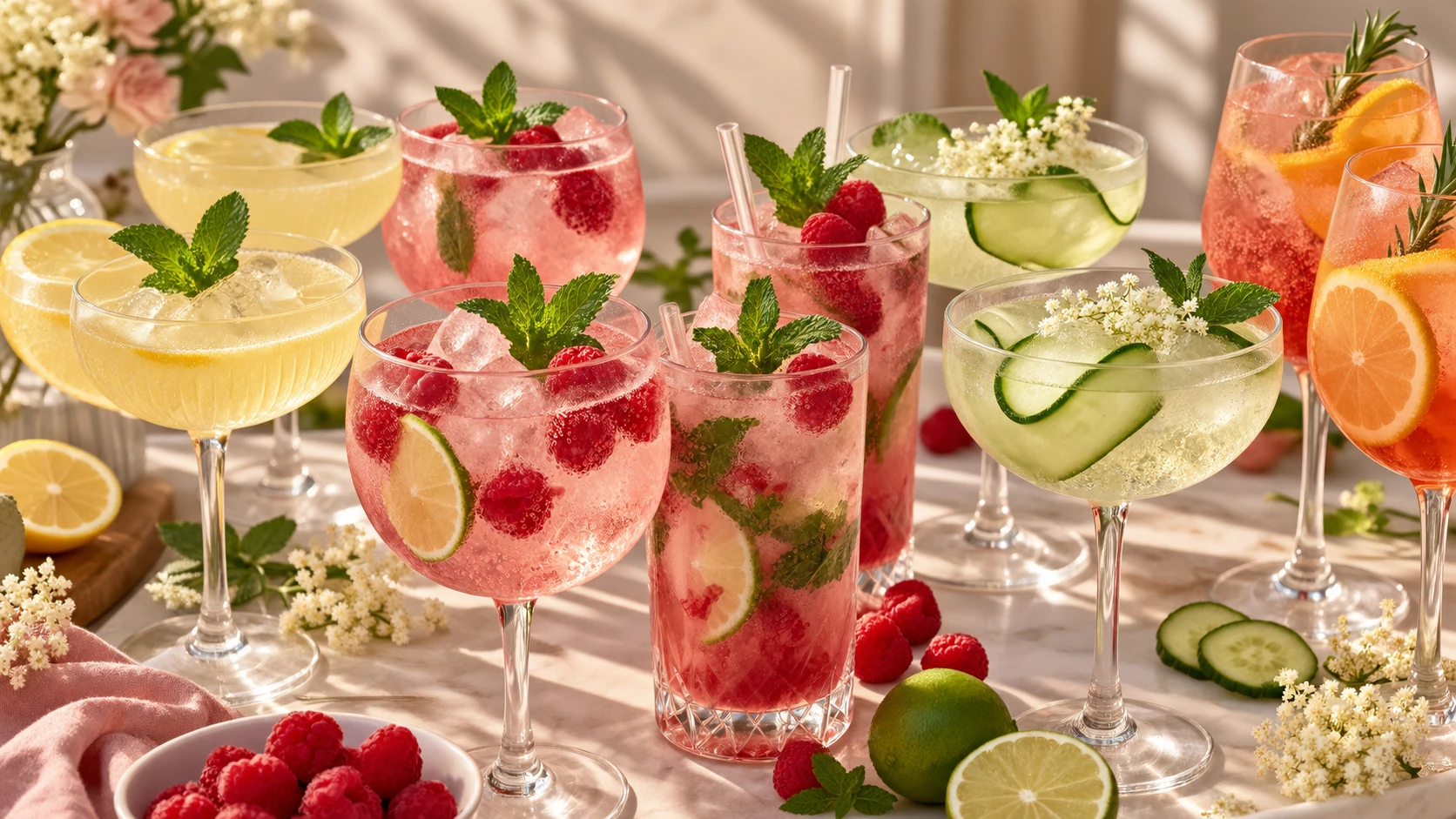 Bachelorette cocktails met framboos, limoen, komkommer en citroen