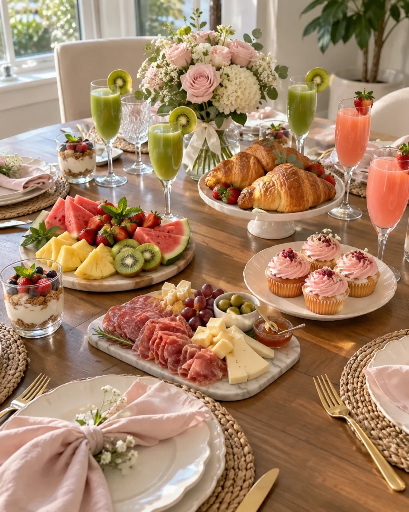 Brunch tafel voor een bachelorette party met croissants, fruit en hapjes